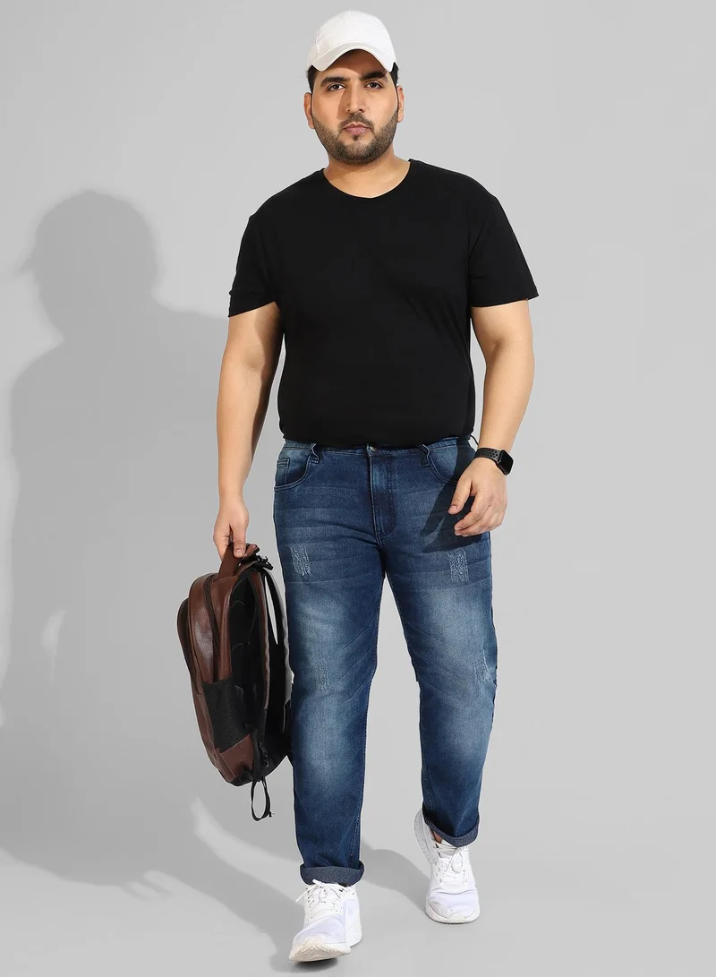 Instafab Plus  Men’s Classic Blue Medium-Washed Distressed Patterned Regular Fit Denim Jeans | Premium Stretchable Cotton Mid-Rise Crafted With Comfort Fit and High Performance For Everyday Wear for Men | Best Price UAE